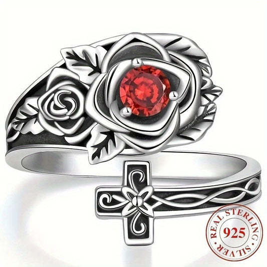 1 Luxury Adjustable 925 Silver Bracelet Ring - Allergy-proof, Comfortable For Everyday Wear, The Perfect Gift For Her - Red Cubic Zirconia Rose Embellishing, Nickel Free, Rugged