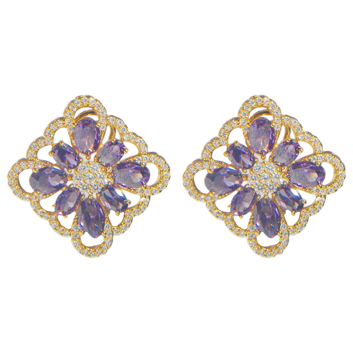 Lxalry 18K Gold Plated Purple Floral Ring & Earring Set - Baroque Statement Jewelry For Weddings & Parties - Tarnish-Free, Hypoallergenic, Vintage Flower Jewelry, Gift For Her