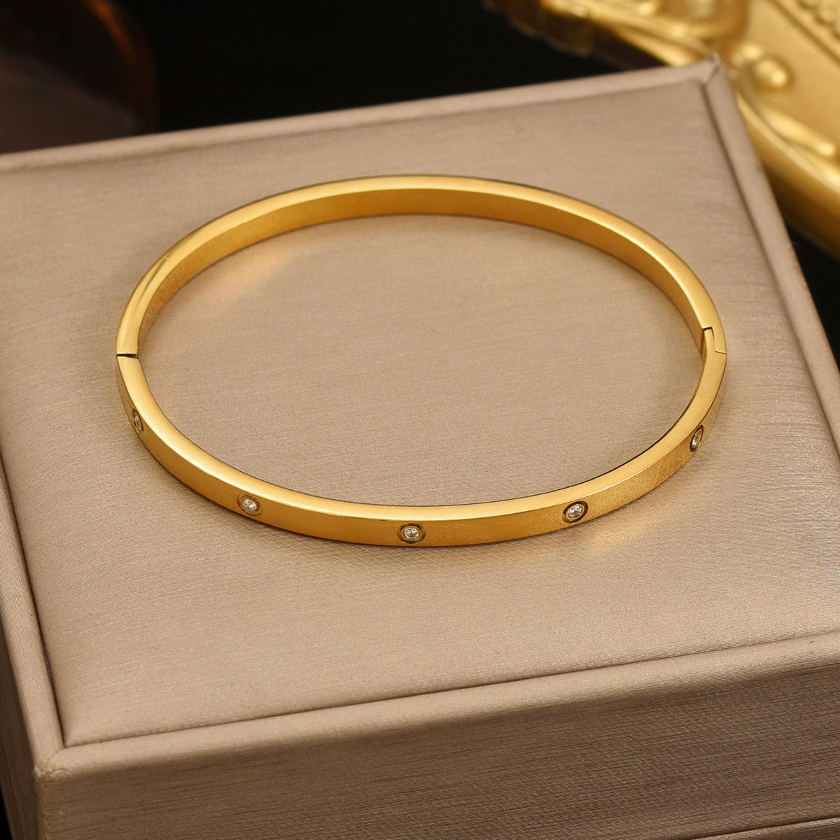 Lxalry 18K Gold Plated Stainless Steel Minimalist Bracelet Hypoallergenic Circle Rhinestone Jewelry Secure Inlay Tarnish Free Design Skin Safe Luxury Gift For Her Golden Hour Glow, Everyday Wear A