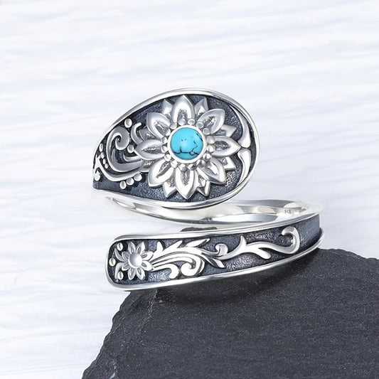 925 Silver Spoon Ring - Exquisitely Carved With Sunflowers, Embellished With Inlaid Turquoise. It Is An Eternal Wedding Jewelry, A Highlight Of Daily Outfits. With Superior Quality And Reusable Featur