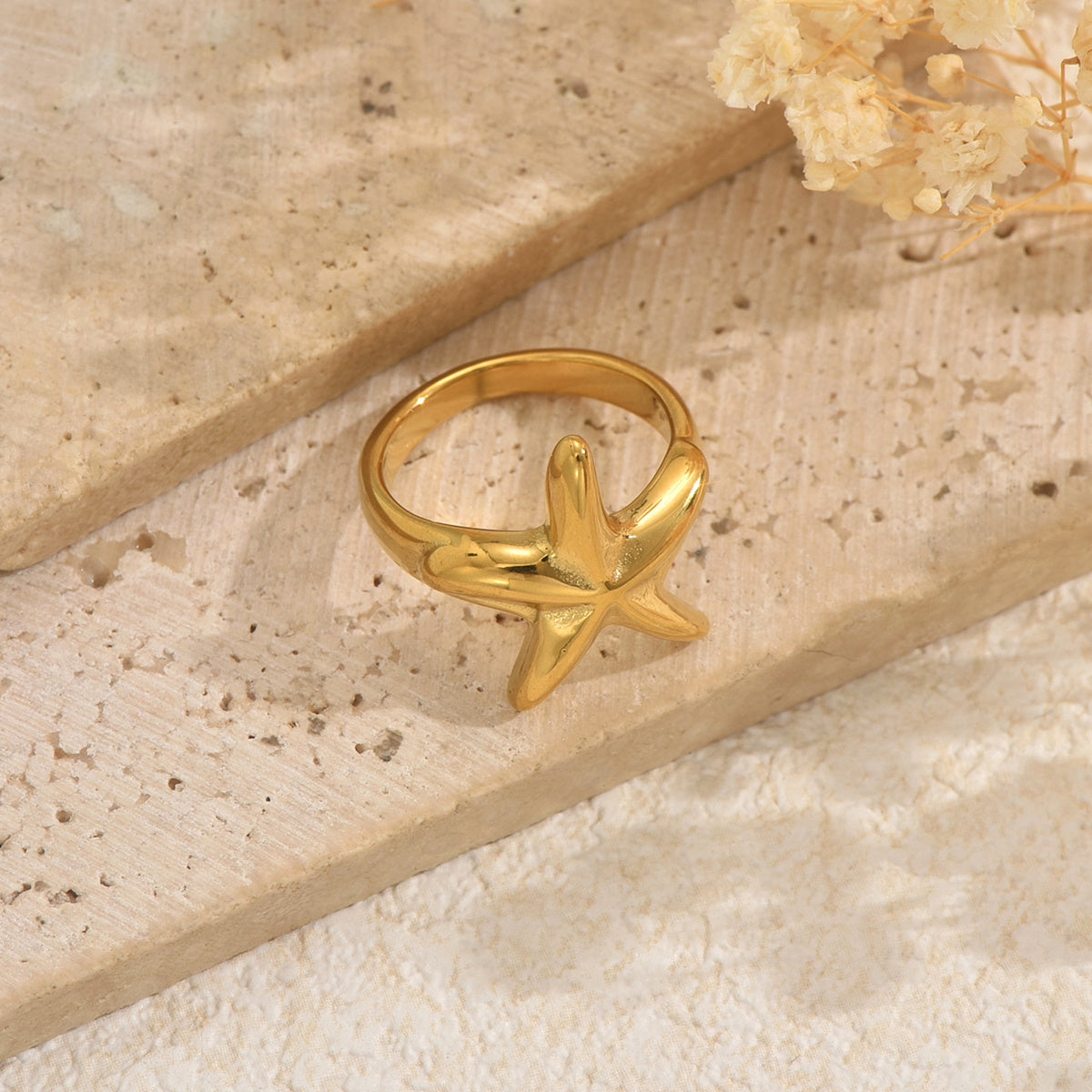 Lxalry 18K Gold Plated Stainless Steel Starfish Ring For Women - Minimalist Beach Style Jewelry, Waterproof, Tarnish-Free, Hypoallergenic, Elegant Ocean-Inspired Gift, Adjustable Summer Vacation Ring