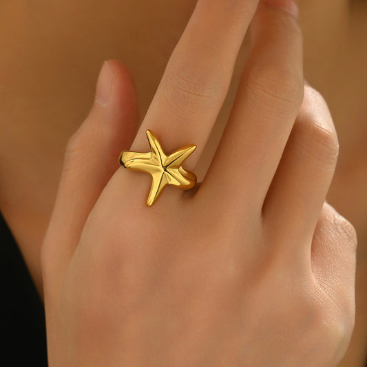 Lxalry 18K Gold Plated Stainless Steel Starfish Ring For Women - Minimalist Beach Style Jewelry, Waterproof, Tarnish-Free, Hypoallergenic, Elegant Ocean-Inspired Gift, Adjustable Summer Vacation Ring
