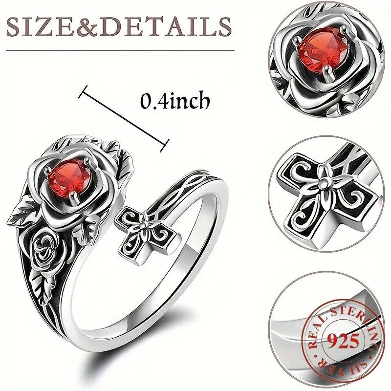 1 Luxury Adjustable 925 Silver Bracelet Ring - Allergy-proof, Comfortable For Everyday Wear, The Perfect Gift For Her - Red Cubic Zirconia Rose Embellishing, Nickel Free, Rugged