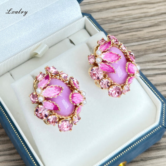 Lxalry 18K Gold Plated Pink Zircon & Enamel Floral Earrings - Vintage Statement Style For Weddings And Parties, Tarnish-Free, Hypoallergenic, Retro Earrings, Gift For Her