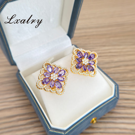 Lxalry 18K Gold Plated Purple Floral Ring & Earring Set - Baroque Statement Jewelry For Weddings & Parties - Tarnish-Free, Hypoallergenic, Vintage Flower Jewelry, Gift For Her