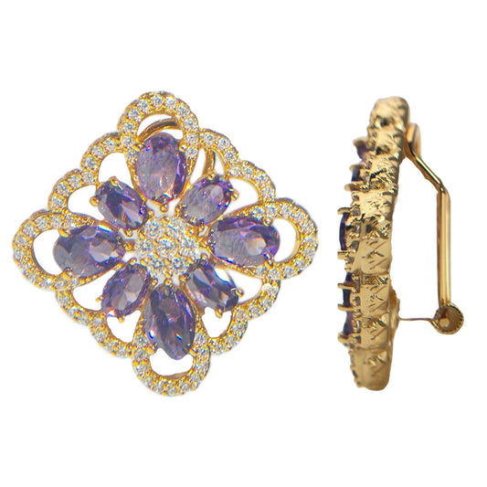 Lxalry 18K Gold Plated Purple Floral Ring & Earring Set - Baroque Statement Jewelry For Weddings & Parties - Tarnish-Free, Hypoallergenic, Vintage Flower Jewelry, Gift For Her