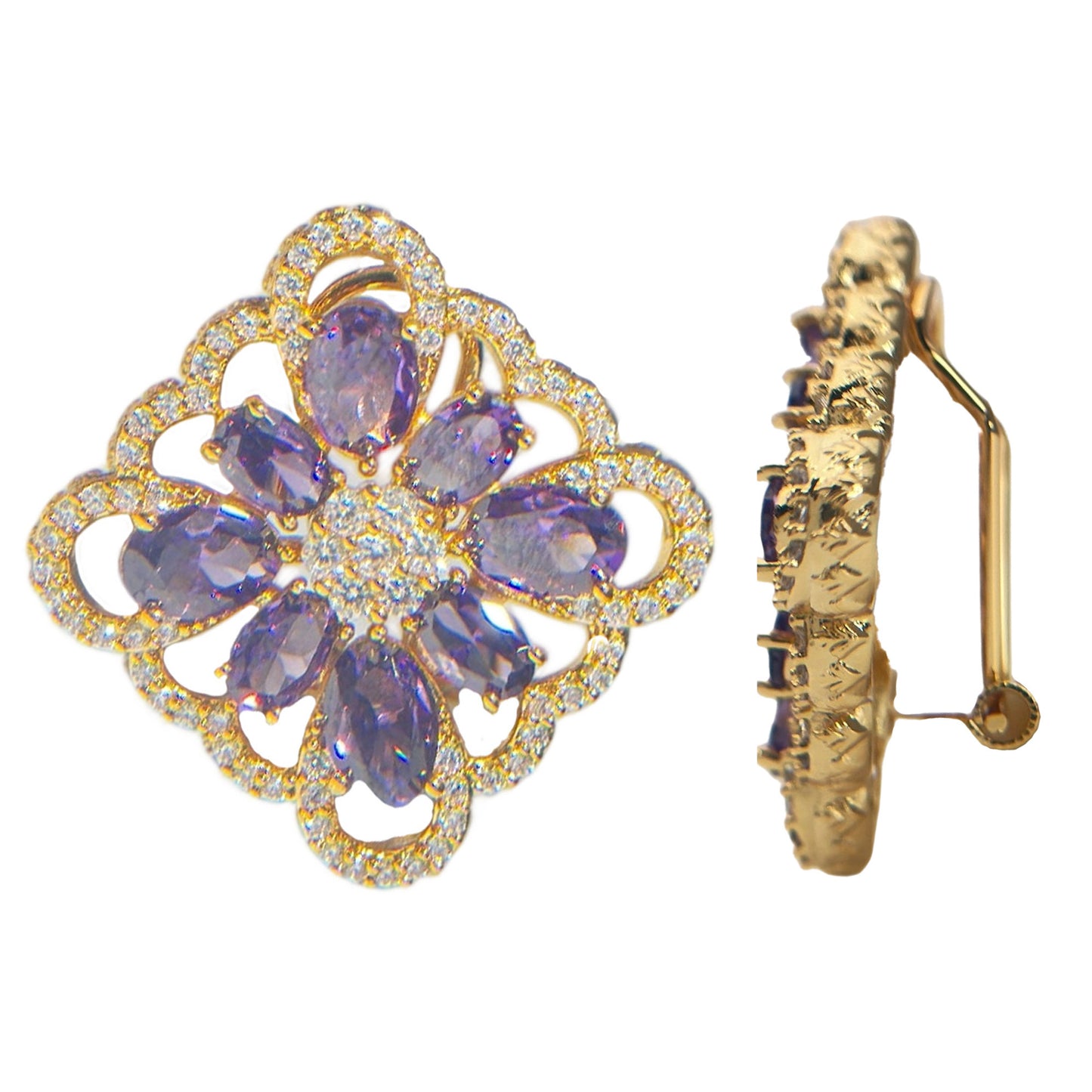 Lxalry 18K Gold Plated Purple Floral Ring & Earring Set - Baroque Statement Jewelry For Weddings & Parties - Tarnish-Free, Hypoallergenic, Vintage Flower Jewelry, Gift For Her