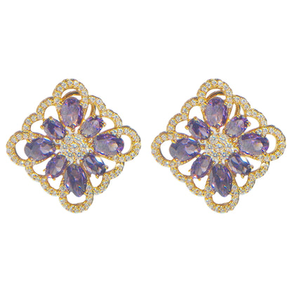 Lxalry 18K Gold Plated Purple Floral Ring & Earring Set - Baroque Statement Jewelry For Weddings & Parties - Tarnish-Free, Hypoallergenic, Vintage Flower Jewelry, Gift For Her