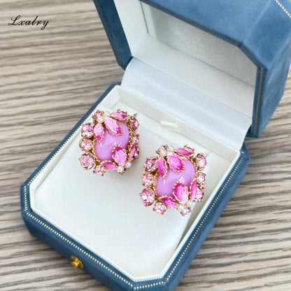 Lxalry 18K Gold Plated Pink Zircon & Enamel Floral Earrings - Vintage Statement Style For Weddings And Parties, Tarnish-Free, Hypoallergenic, Retro Earrings, Gift For Her