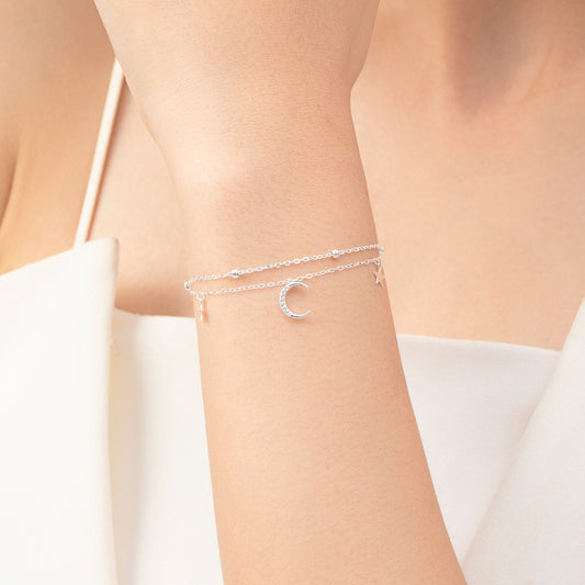 S925 Sterling Silver Star Moon Double Layer Twin Bracelet For Women