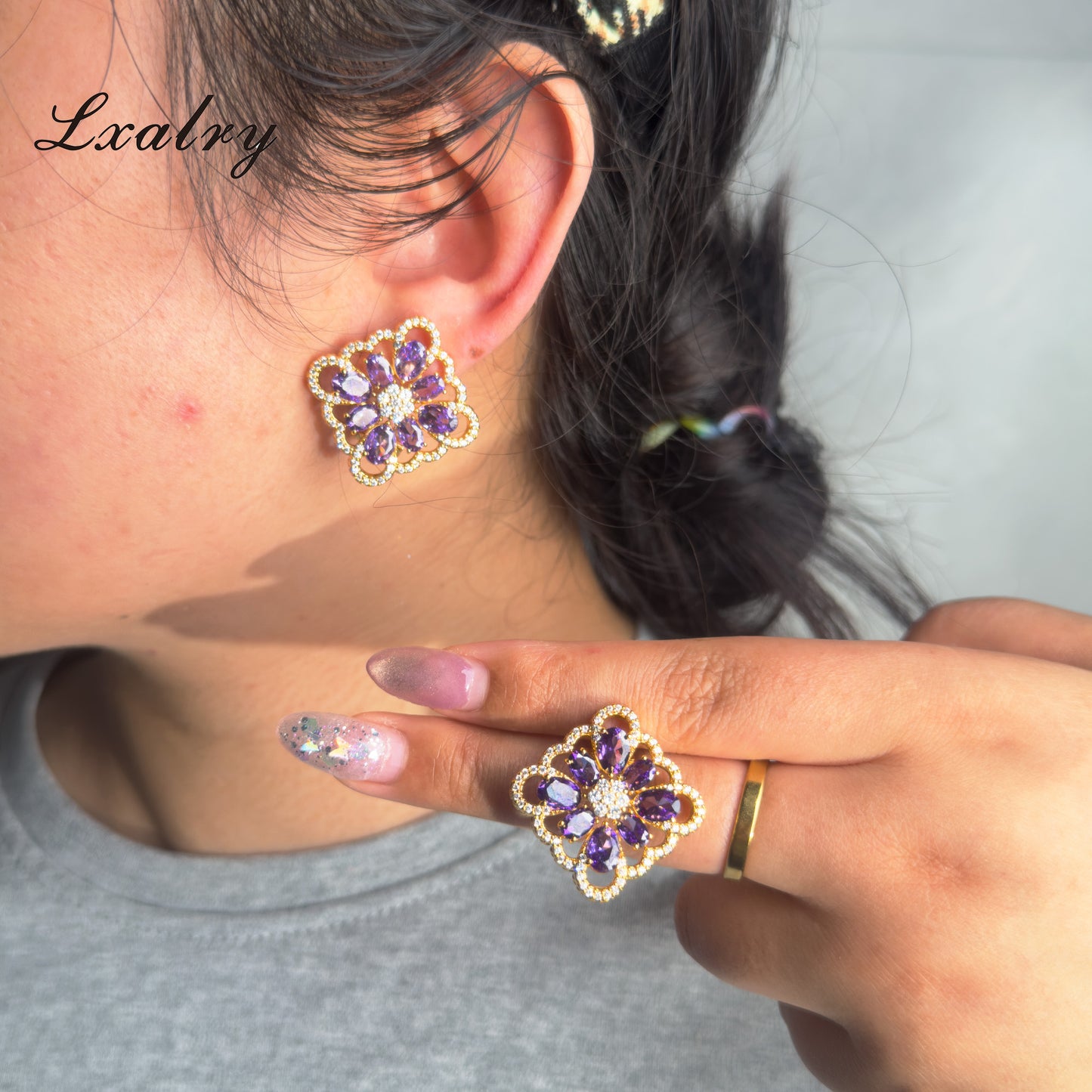 Lxalry 18K Gold Plated Purple Floral Ring & Earring Set - Baroque Statement Jewelry For Weddings & Parties - Tarnish-Free, Hypoallergenic, Vintage Flower Jewelry, Gift For Her