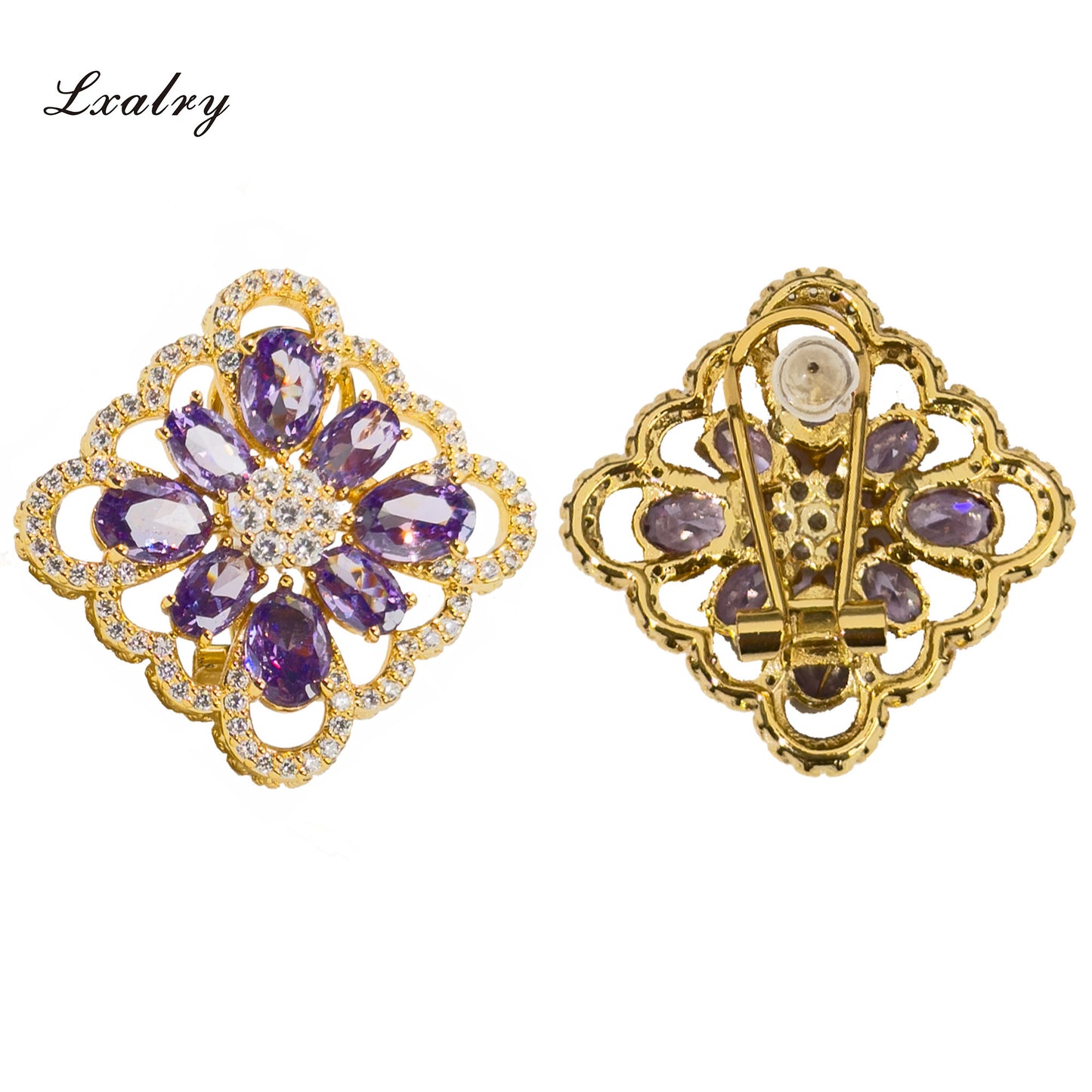 Lxalry 18K Gold Plated Purple Floral Ring & Earring Set - Baroque Statement Jewelry For Weddings & Parties - Tarnish-Free, Hypoallergenic, Vintage Flower Jewelry, Gift For Her