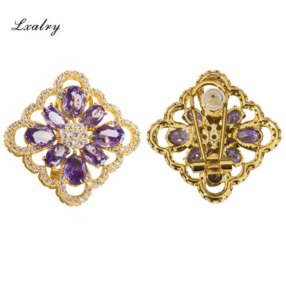 Lxalry 18K Gold Plated Purple Floral Ring & Earring Set - Baroque Statement Jewelry For Weddings & Parties - Tarnish-Free, Hypoallergenic, Vintage Flower Jewelry, Gift For Her