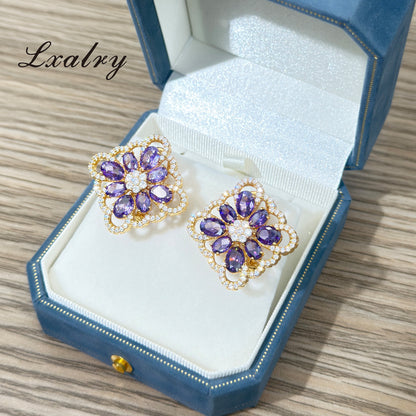 Lxalry 18K Gold Plated Purple Floral Ring & Earring Set - Baroque Statement Jewelry For Weddings & Parties - Tarnish-Free, Hypoallergenic, Vintage Flower Jewelry, Gift For Her
