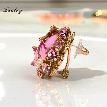 Lxalry 18K Gold Plated Pink Zircon & Enamel Floral Earrings - Vintage Statement Style For Weddings And Parties, Tarnish-Free, Hypoallergenic, Retro Earrings, Gift For Her