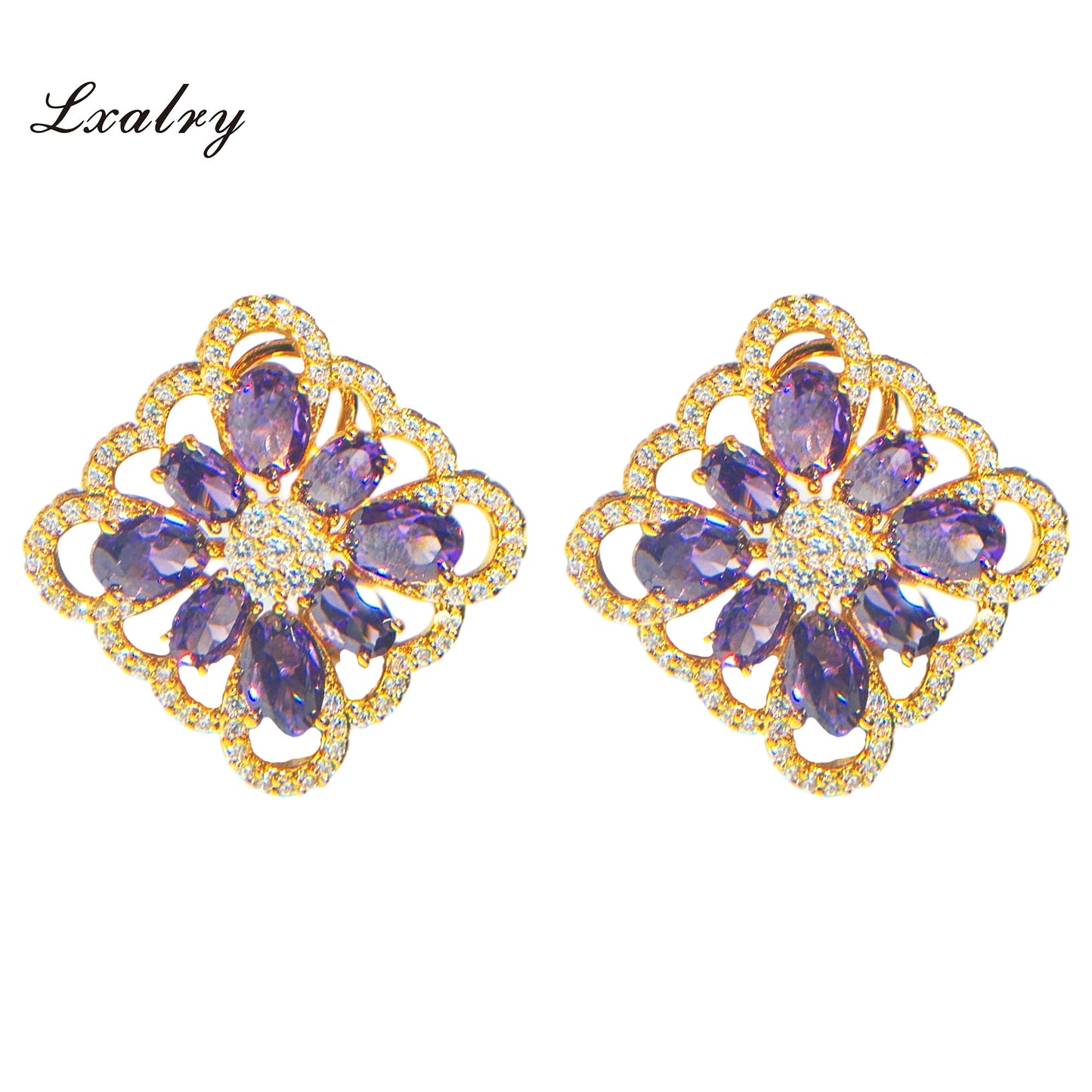 Lxalry 18K Gold Plated Purple Floral Ring & Earring Set - Baroque Statement Jewelry For Weddings & Parties - Tarnish-Free, Hypoallergenic, Vintage Flower Jewelry, Gift For Her