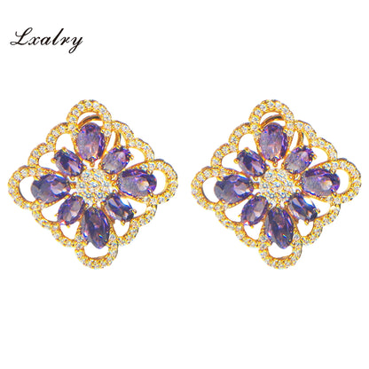 Lxalry 18K Gold Plated Purple Floral Ring & Earring Set - Baroque Statement Jewelry For Weddings & Parties - Tarnish-Free, Hypoallergenic, Vintage Flower Jewelry, Gift For Her